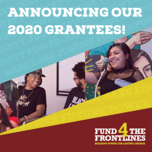 Square graphic featuring pictures of Fund 4 the Frontlines grantees UTOPIA marching with a Trans Pride sign, WA-BLOC participating in a panel discussion, and PCUN giving a speech in front of a colorful mural. The pictures are surrounded by a blue, yellow, and red background with a light text overlay in corresponding colors reading "equity base justice power," repeated. The Fund 4 the Frontlines logo is in the bottom right hand corner.