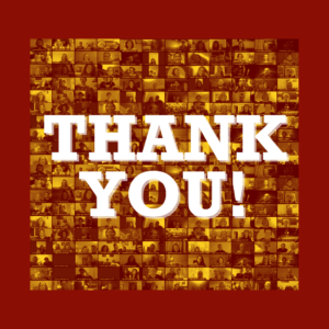 Square image with red background. Screenshots of zoom celebration pasted together with yellow filter. White text reads THANK YOU