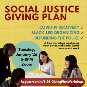 Graphic to advertise event. Yellow background, text reads "Social Justice Giving Plan. January 26. 6 to 8PM. Zoom. COVID-19 recovery. Black-led organizing. Defunding the police. A free workshop on aligning your giving with your values. Pictured is a cutout of four people gathered around a table, looking at a piece of paper.