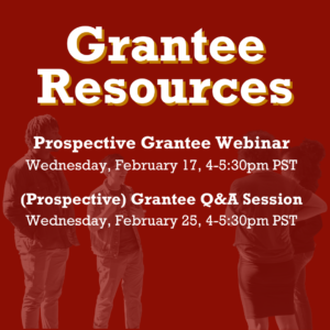 Square image with red background. Cutout pictures of SJF staff and grantees are in the lower left and right hand corners. Text reads Grantee Resources
