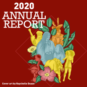 Square image with red background. Annual report illustration is in the lower right corner with a red diamond around it. White text reads 2020 Annual Report
