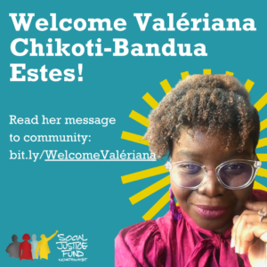 Square image with dark teal background. On the right is a picture of Valeriana an Angolan woman with curly hair wearing a bright pink shirt and glasses. With her hand on her cheek she gazes into the camera with a gentle smile. Text reads Welcome Valeriana