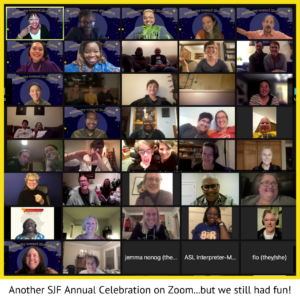 Square image featuring screenshots of many attendees at SJFs 2021 celebration
