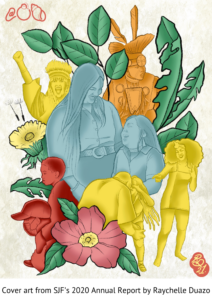 A colorful illustration featuring images from grantee photos surrounded by plant imagery