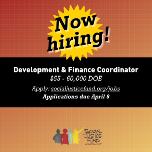 square image with red to yellow ombre with white check background. black text reads Now Hiring. Development and Finance Coordinator. 55 to 60 thousand DOE. Applications due April 8.