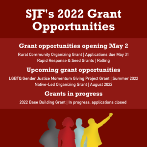 Crimson square image with SJFs logo peeking up from the bottom. White text lists SJFs upcoming funding opportunities. Full details are included in the text of the blog post.