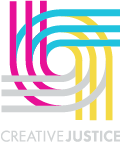 Creative Justice logo. Pink teal yellow and grey lines join together to form a swirl