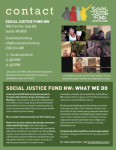Green background. Social Justice Fund NW What We Do text is at the bottom. SJFs contact information is on the upper left side. SJFs logo is at the top right. Underneath the logo is a screenshot of SJF staff at an online event posing with plants on their heads.