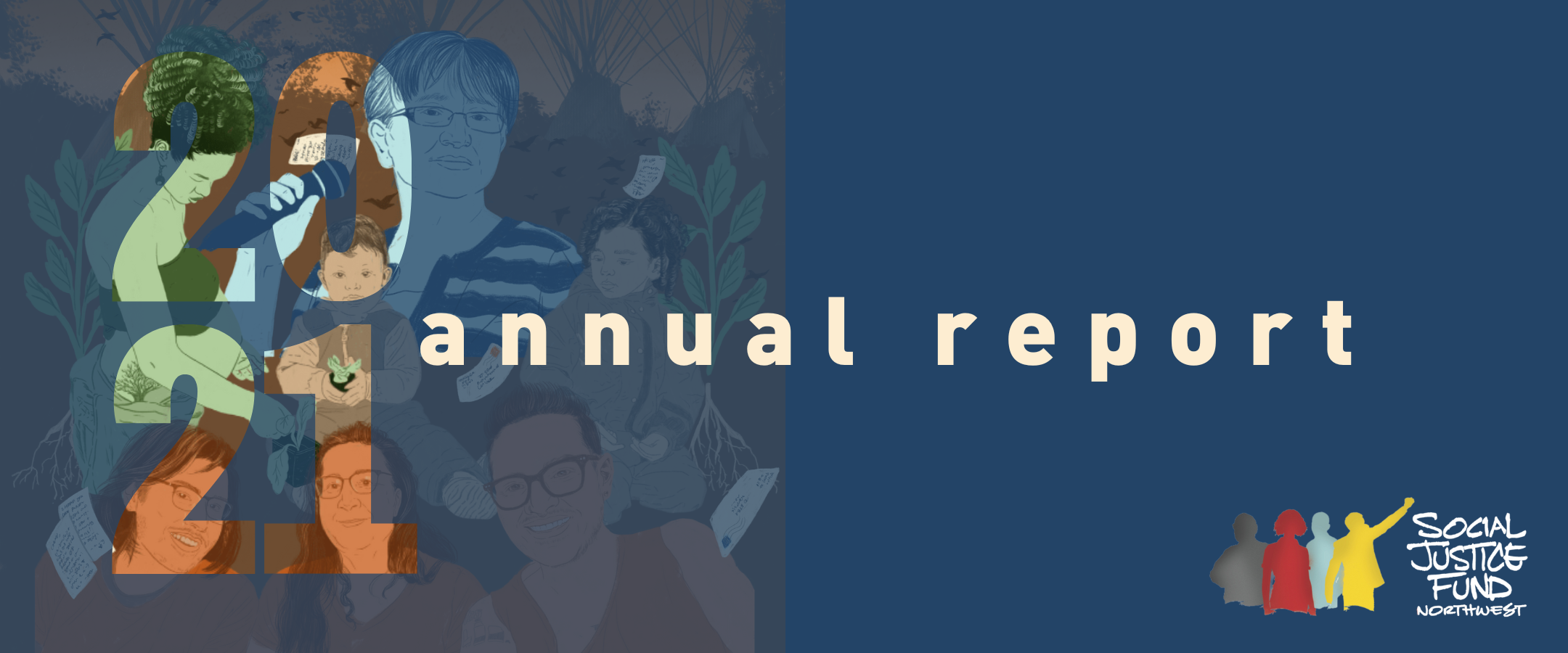 Rectangular blue banner with semi transparent illustration of grantee photos filling the left half of the field. Text reads 2020 Annual Report. The SJF logo is in the lower right corner