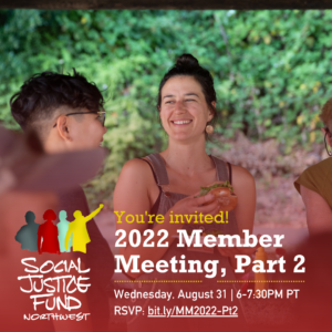 Picture of two smiling people at an SJF event. Text reads Youre invited. 2022 Member Meeting Part 2. Wednesday August 31 6 to 7.30PM PT