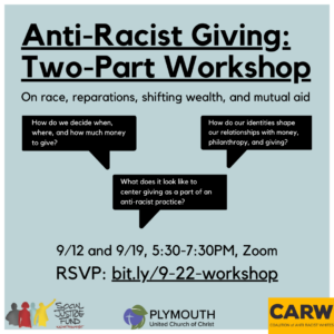 Blue background with black speech bubbles containing questions about wealth and giving. Black text reads 9.12 and 9.19 on Zoom. On race reparations and shifting wealth. RSVP.