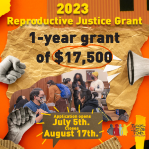 Square image with colorful illustration evoking a tarot card. Text reads the 2023 Reproductive Justice Grant. One year grant of $17,500