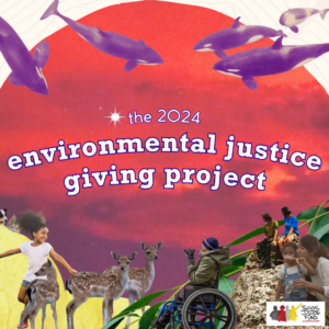 Square image with colorful collage background featuring animals humans and flora. Text reads The 2024 Environmental Justice Giving Project